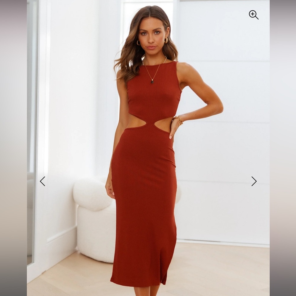 Hello Molly Khloe Midi Dress Brown Burnt Orange Red Cut Out Ribbed Dress XS NWT